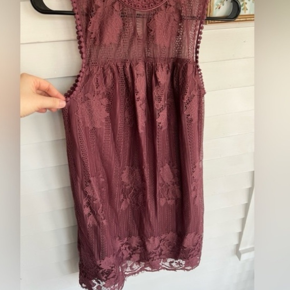 Lace Practical Magic Burgundy Maroon Sleeveless Brunch Modest Baby Doll Dress - Picture 7 of 13